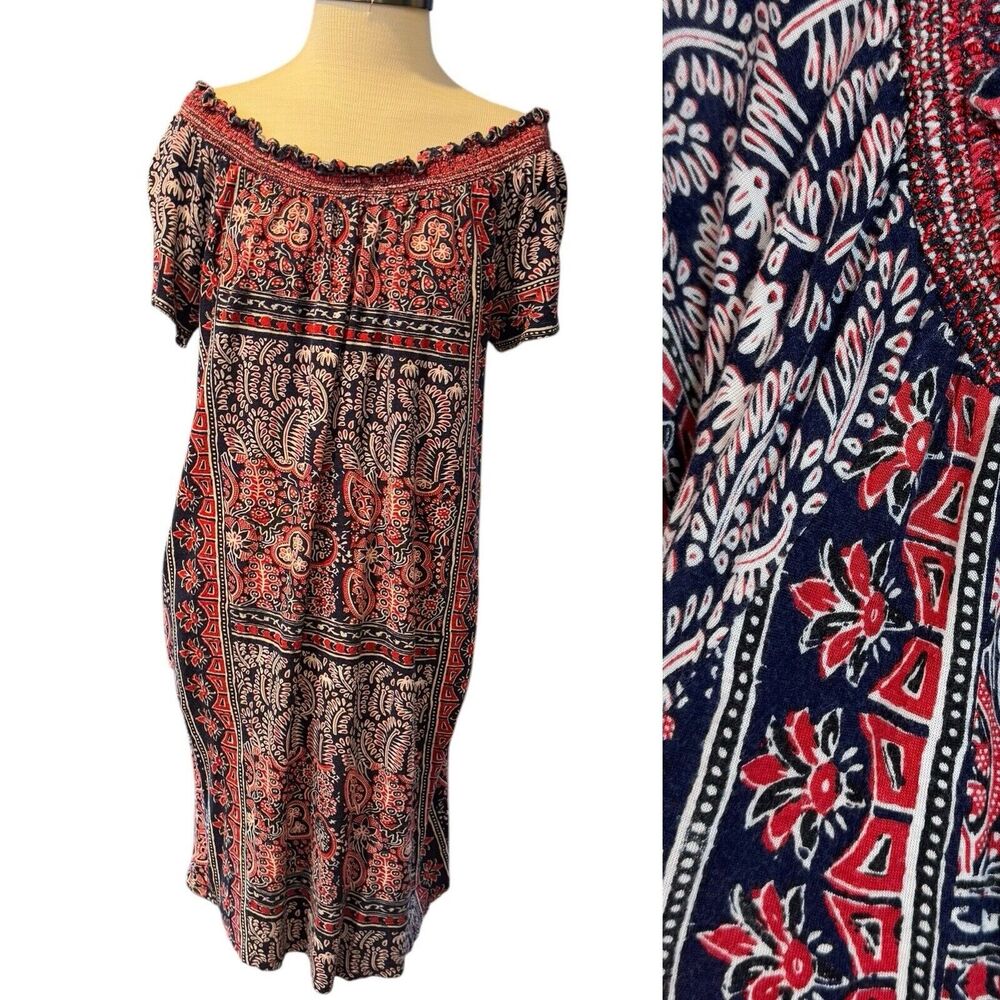 Lucky Brand Paisley Patriotic Jersey Cap Sleeve Midi Dress Large Red Blue Pocket